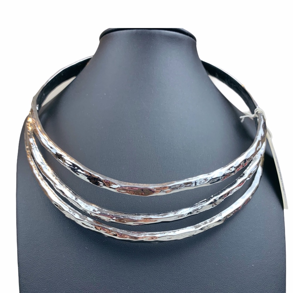 Silver Hammered 3 Row Tiered Collar Necklace - Picture 3 of 11